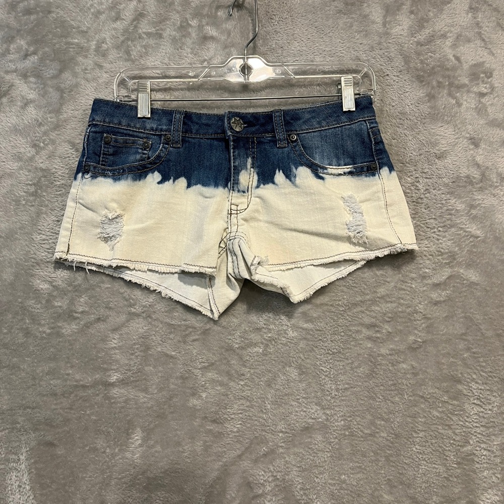 Mudd Denim Shorts Womens 7 Blue Dip Dye Distressed Cut Off Raw Hem Low‎ Rise